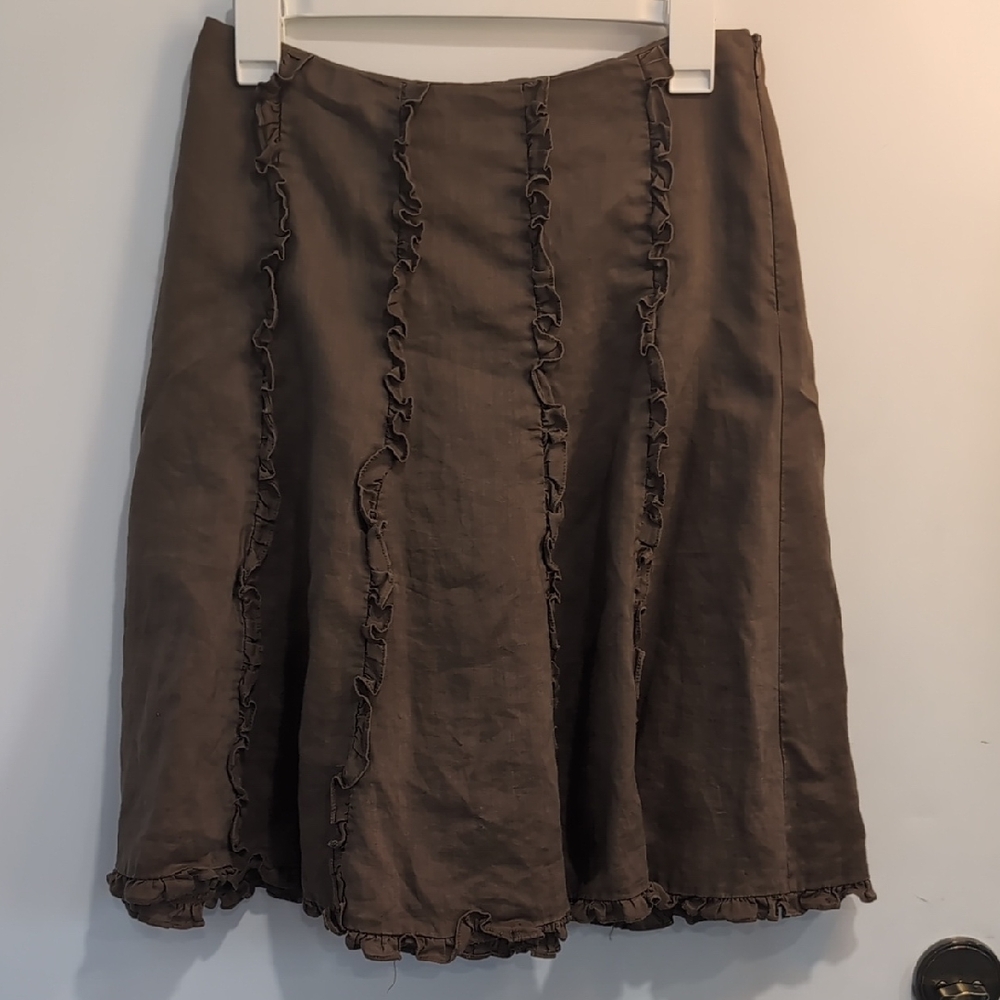 Allison Taylor 100% Linen Brown A-Line Skirt with Ruffle Details Size 4